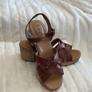 b.o.c. Brown Strappy Leather Platform Wedge Sandals